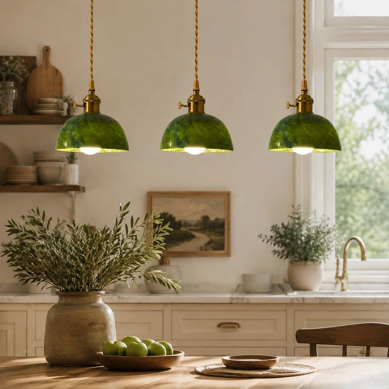 Linear canopy jade pendant lights in a dining kitchen