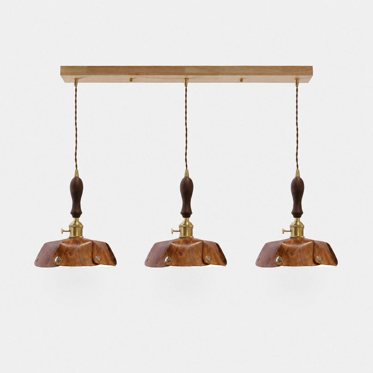 3-Light Linear Pendant Vintage Brown Leather Bar 100 cm / 39.4 in; Shade Dia. 30 cm / 11.8 in