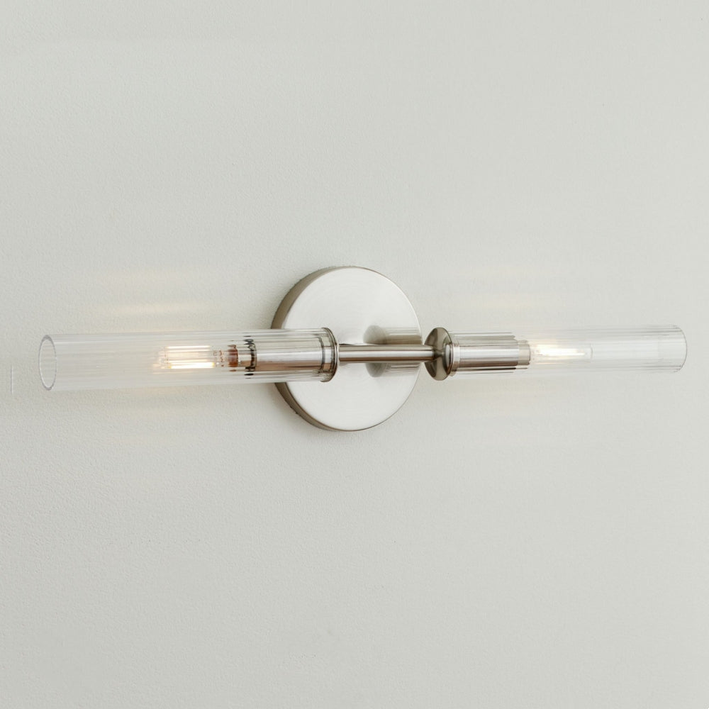 Alice Rustikale transparente Cooper-Wandleuchte mit geripptem Glas und Doppelröhre