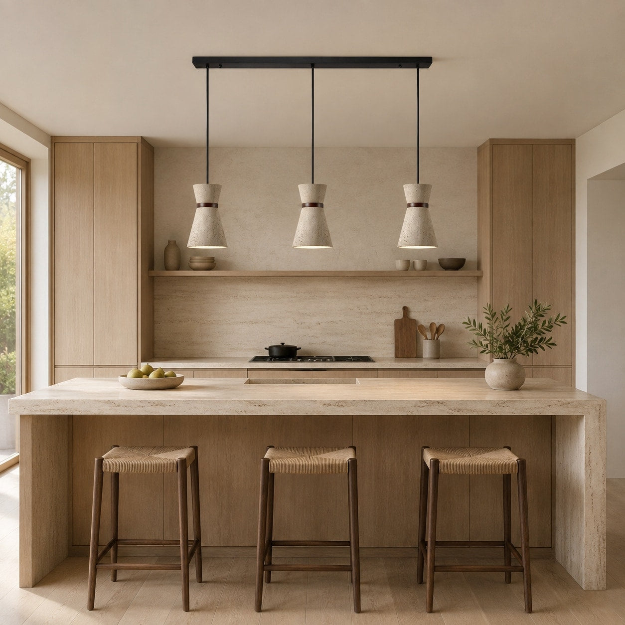 Three head travertine pendant light over a kitchen island