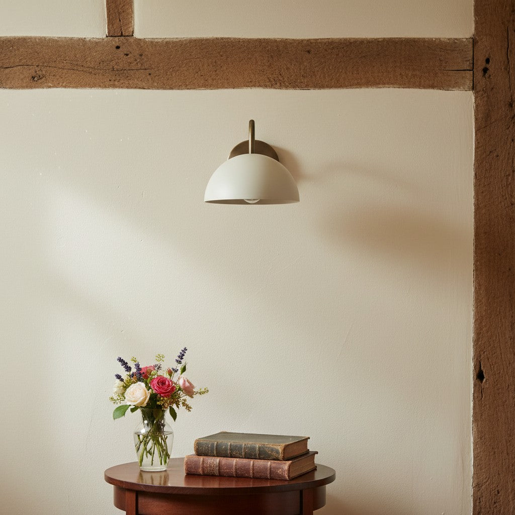 Curva Metal Industrial Wall Sconce - Curved Brass Arm - Hammered Dome Light Fixture