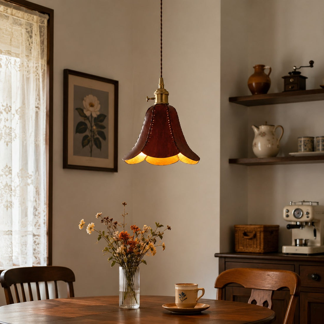 Brown single pendant in a dining room