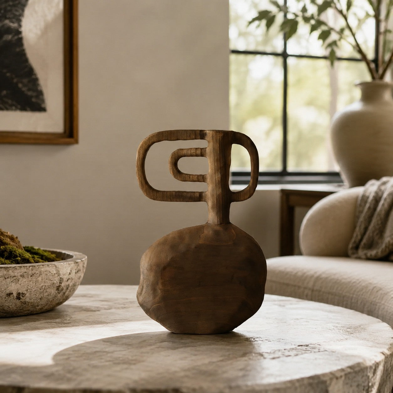Hand-Carved Solid Wood Sculptural Vase
