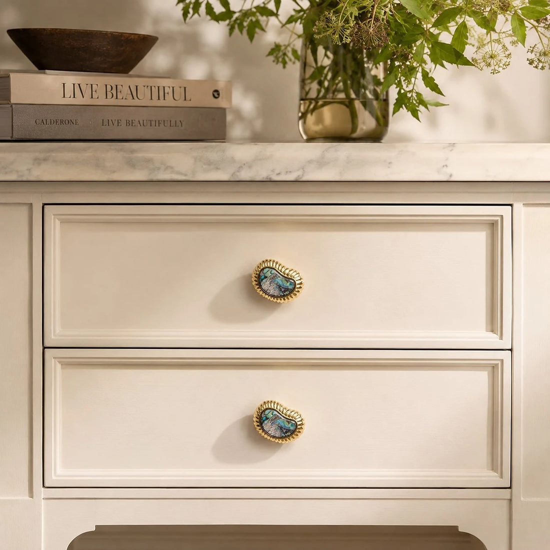 French Vintage Cashew Shell Brass Cabinet Knobs and Pulls - image 18