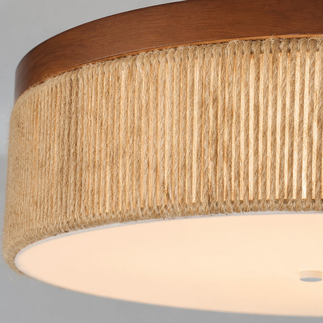 Wabi-Sabi-LED-Deckenleuchte aus massivem Holz und geflochtenem Seil
