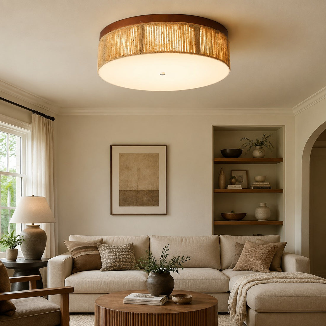 Wabi-Sabi-LED-Deckenleuchte aus massivem Holz und geflochtenem Seil
