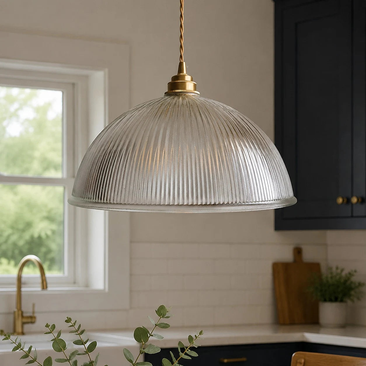 Clear ribbed glass pendant installed in a kitchen