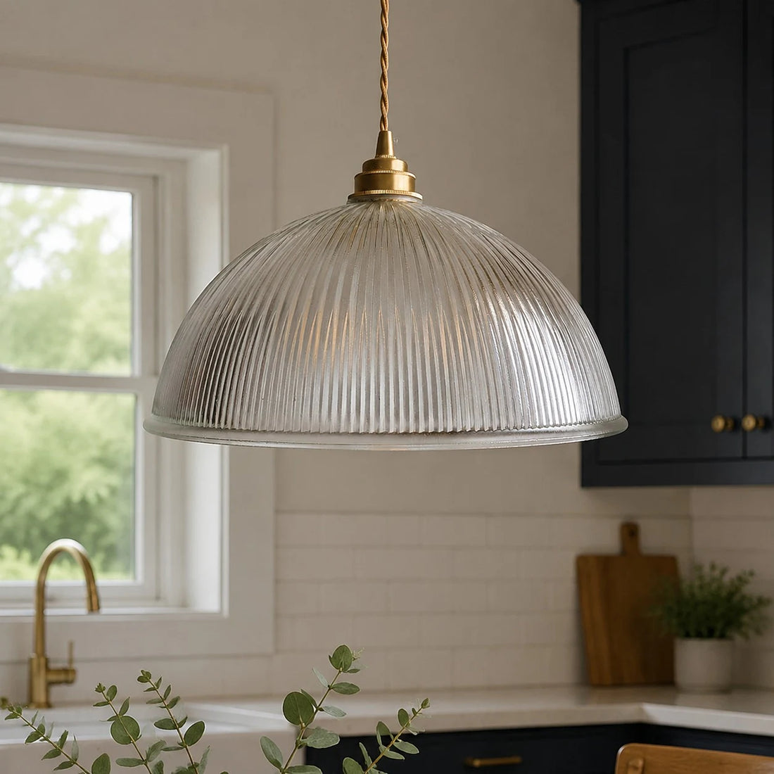 Clear ribbed glass pendant installed in a kitchen