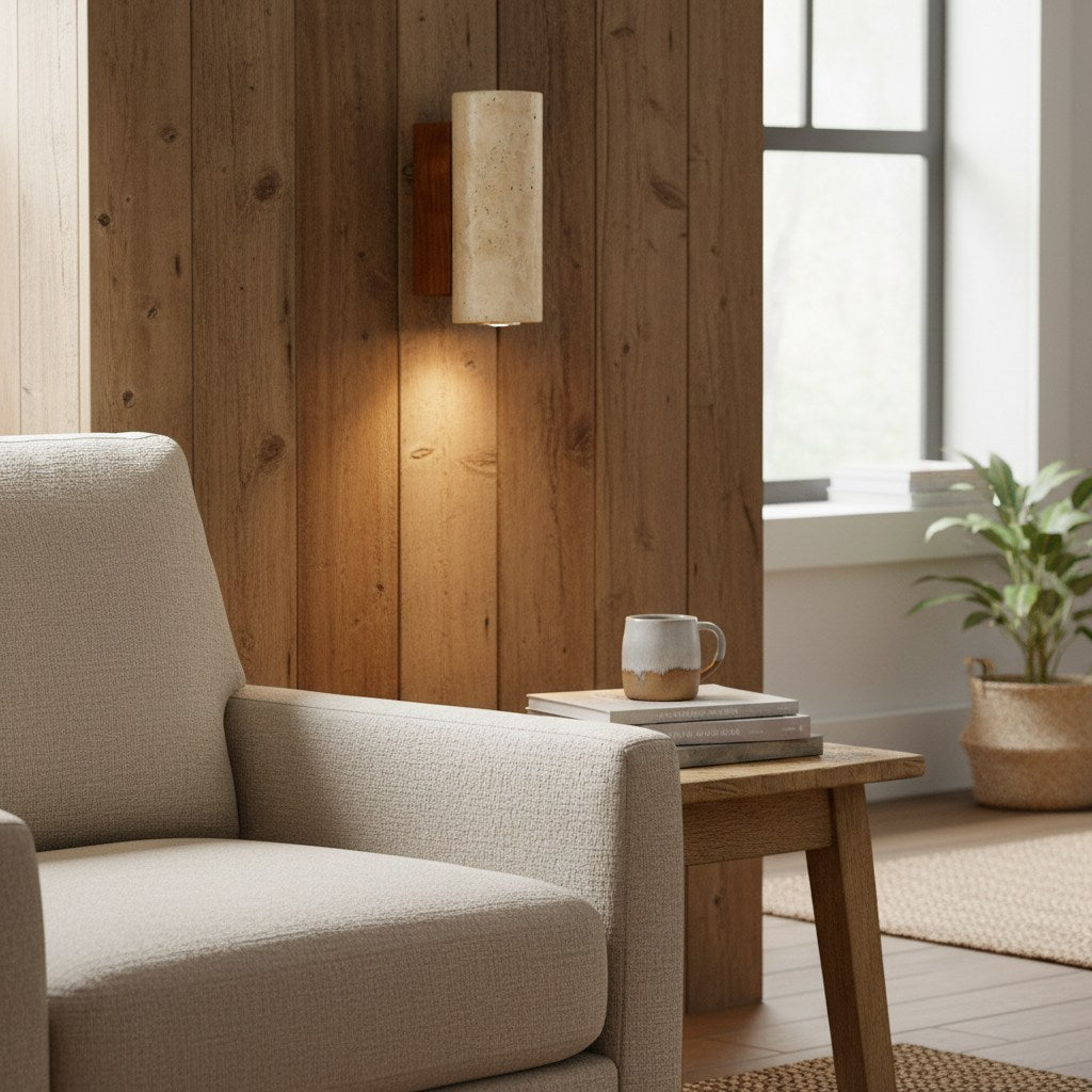 Slivara-Wandleuchte mit Naturstein-Rückplatte und warmem bernsteinfarbenem Schirm – Vintage-moderne Slivara-Wandleuchte für das Wohnzimmer