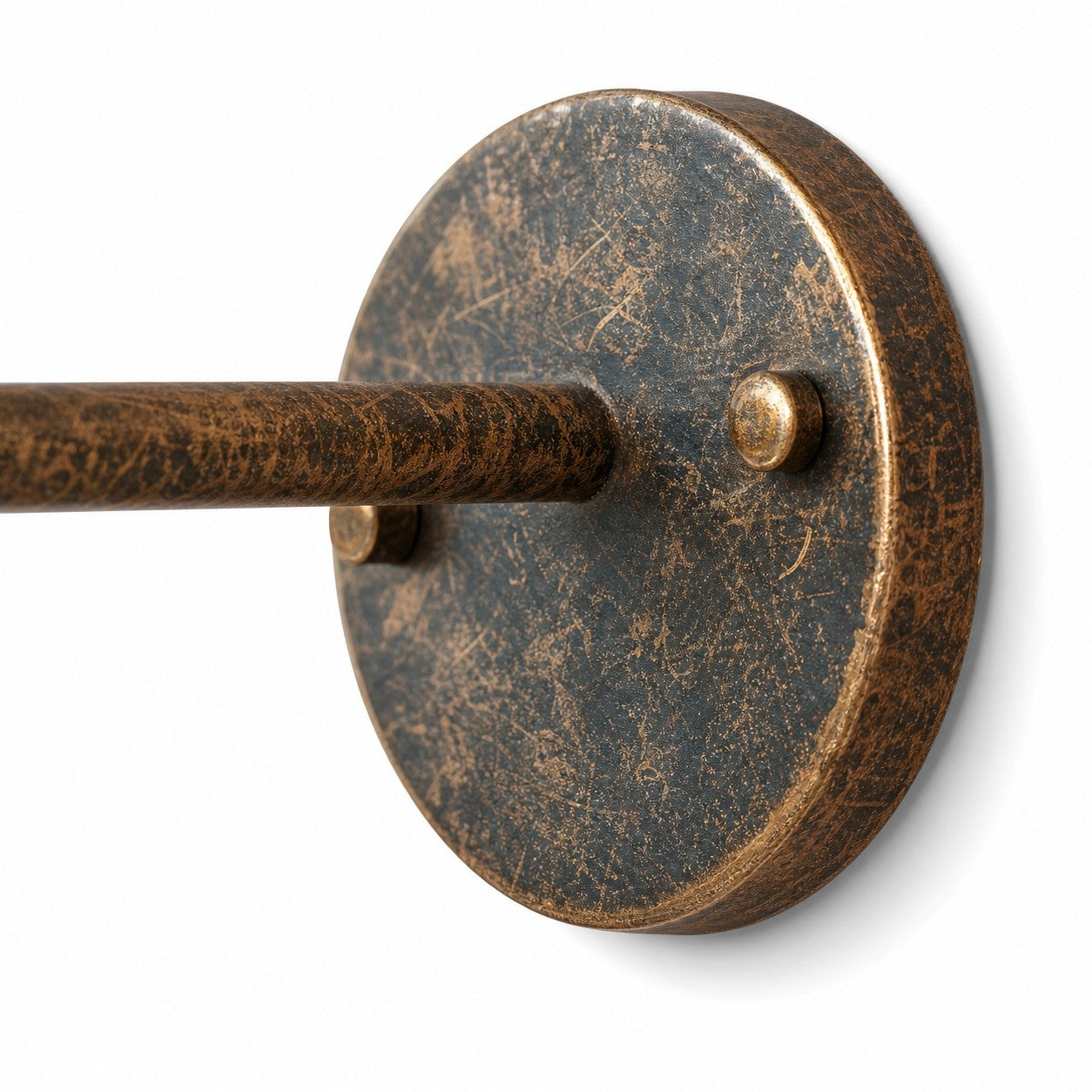 Close view of antique brass wall plate and arm connection