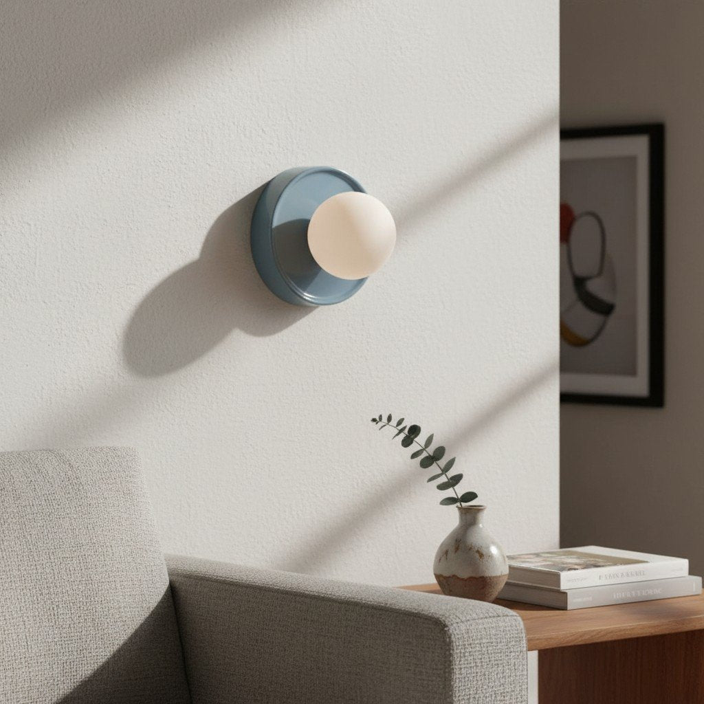 Solna Round Glass Wall Sconce with Ceramic Base—Minimalist Lighting for Bedroom or Hallway