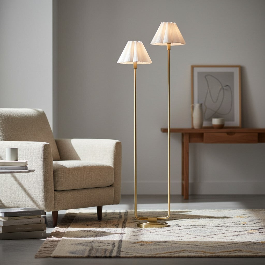 Duova Minimalist 2‑Light Floor Lamp - Modern Pleated Fabric Metal Light for Bedroom or Living Room