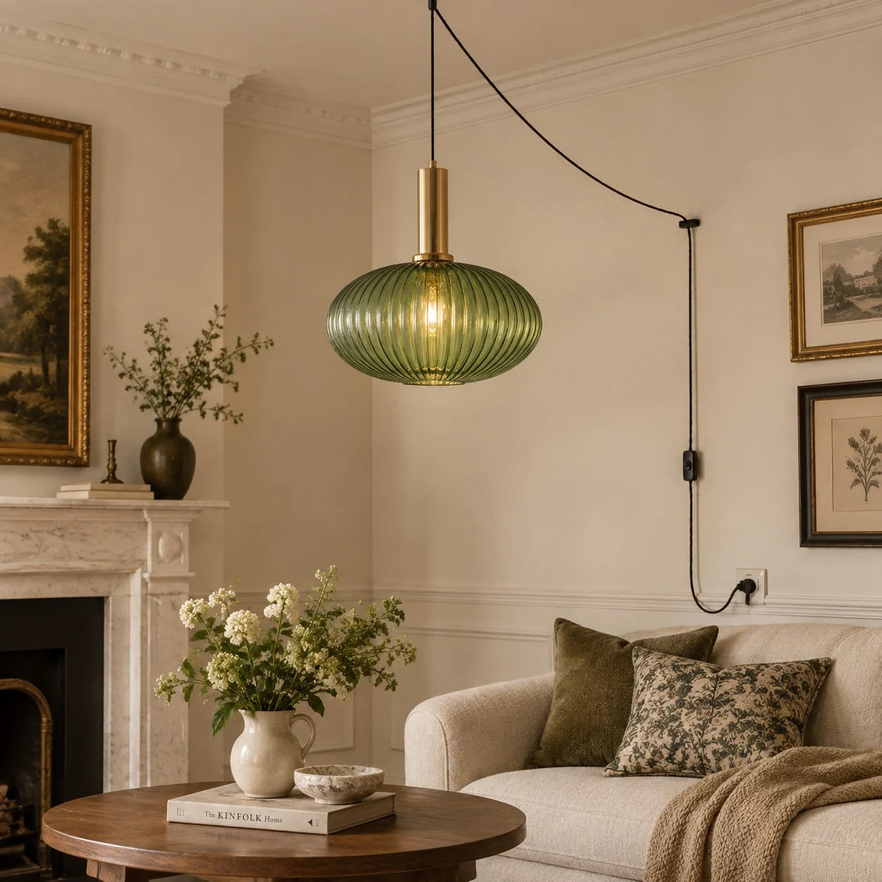 Retro ribbed glass plug-in pendant light in a home interior