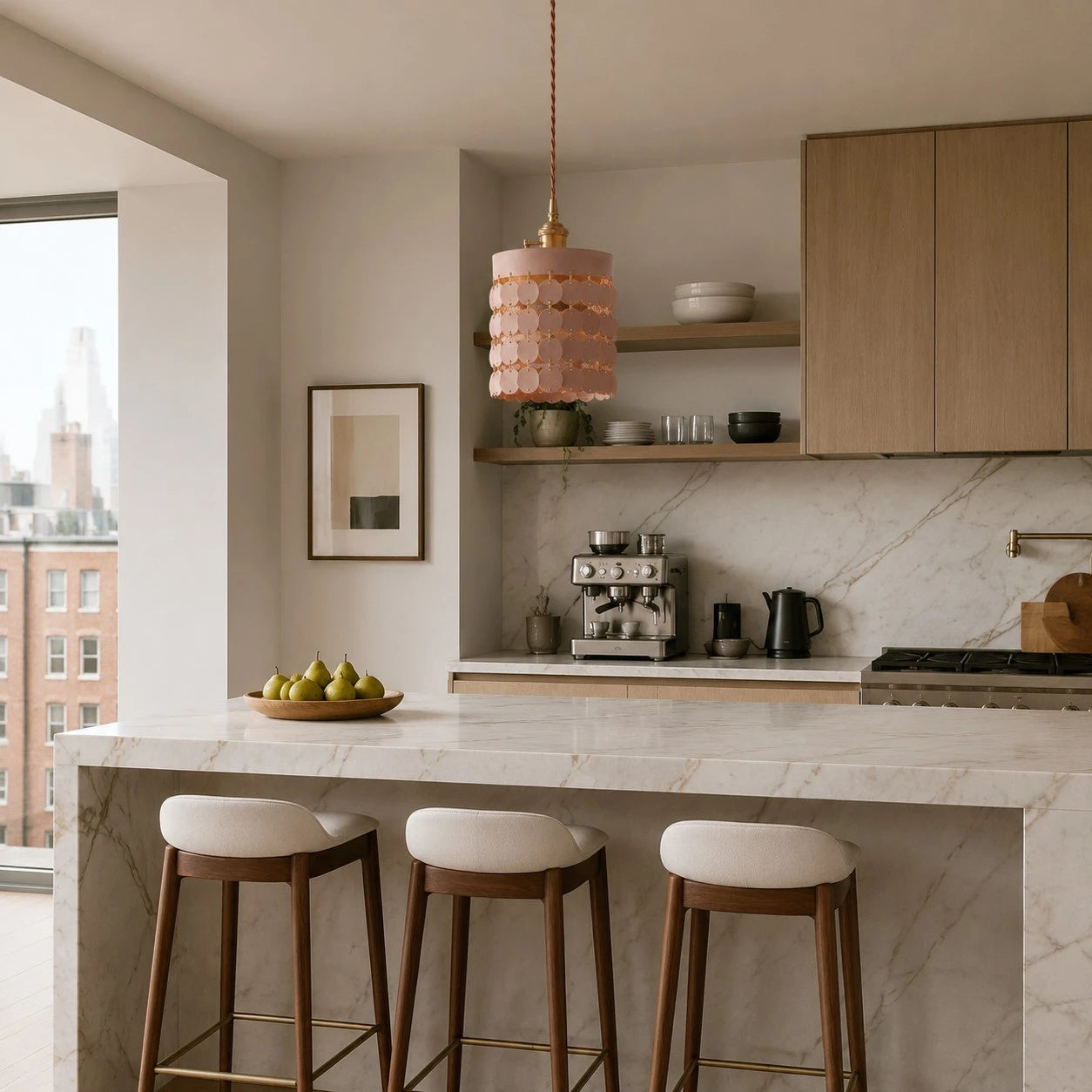 Natural leather pendant light above a kitchen counter