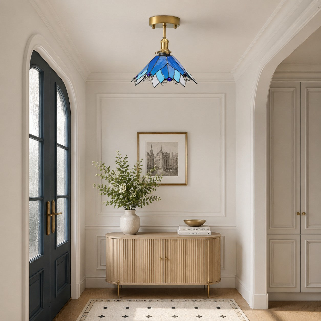 Blue Stained Glass Semi Flush Ceiling Light
