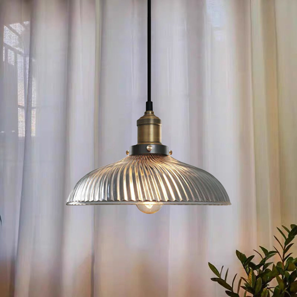 Retro Striped Glass Pendant Light - Creative Bowl Design for Bedroom