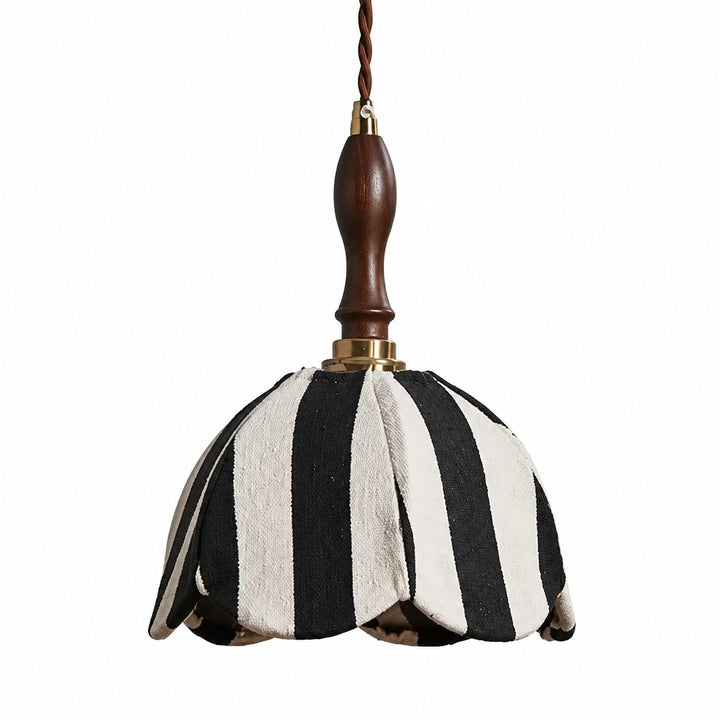Black and ivory striped fabric pendant lamp with dark wood handle and brass connector