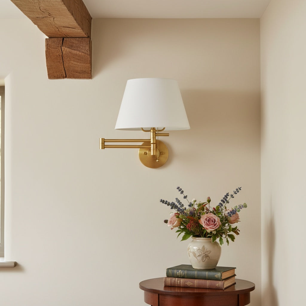 Ornato Luxe Brass Schoolhouse Sconce - Art Deco Wall Light with White Shade