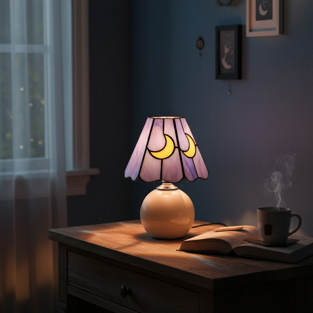 Stellum Mushroom Moon Stained Glass Table Lamp Artistic Accent Light Ceramic Base for Living Spaces