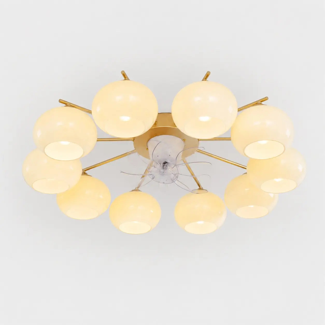 10-light modern gold ceiling fan light with white glass shades