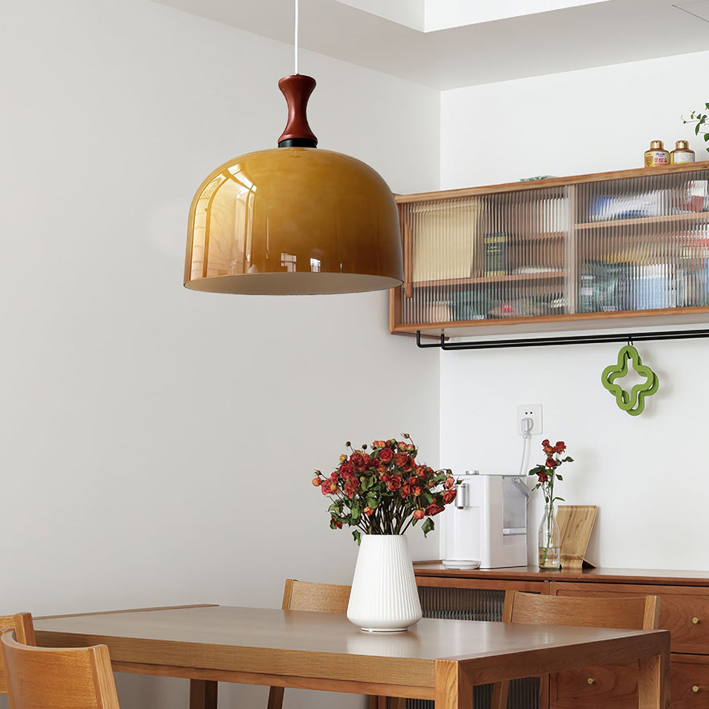 Retro Round Pendant Light - Amber Glass Hanging Lamp for Dining Room