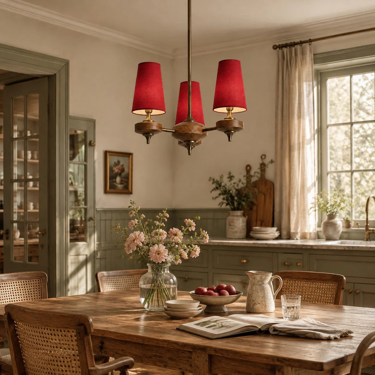 3-light Hour Rho chandelier in red velvet styled in a warm interior