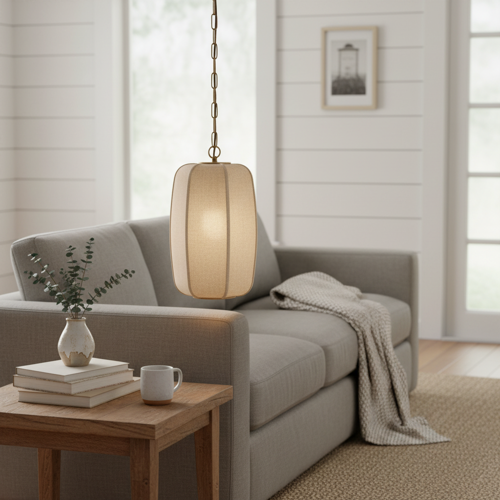 Loomis Tall Pendant – Textured Linen Shade Aged Brass Pendant for Dining Room and Kitchen