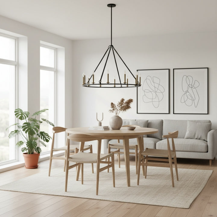 Rowan Rustic Iron Chandelier - Round Wagon Wheel Lamp for Living Room