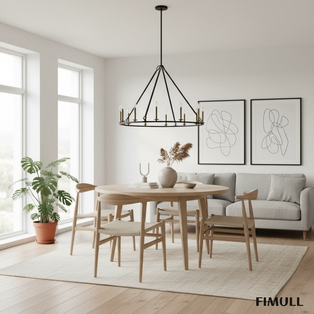 Rowan Rustic Iron Chandelier - Round Wagon Wheel Lamp for Living Room