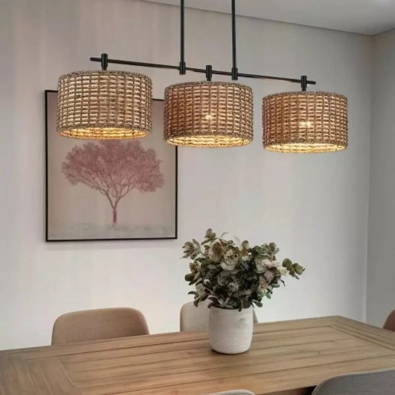 3 Light Handwoven Drum Farmhouse Pendant Light