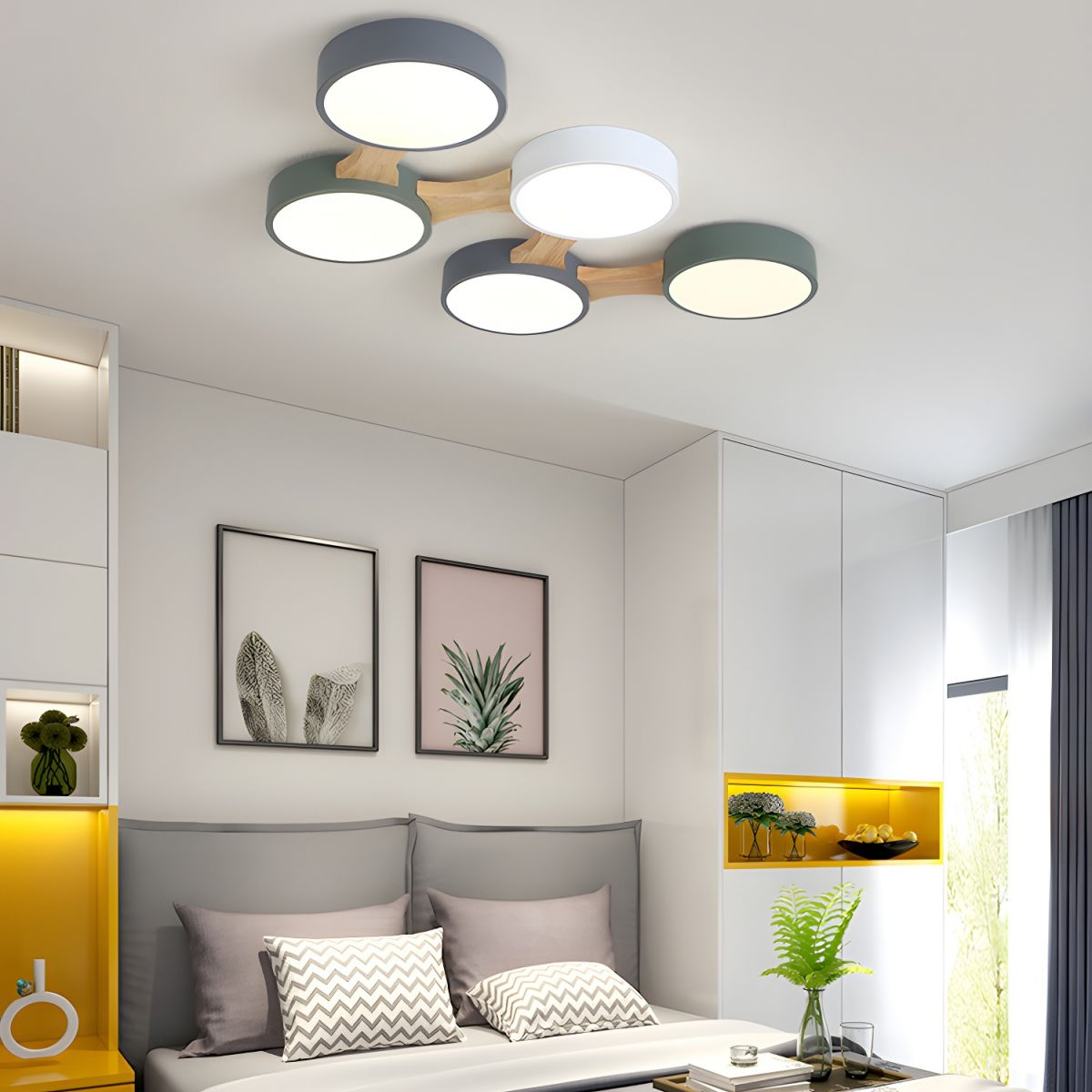 Disc Branch Wood Ceiling Lamp - LED Bedroom Fixture with Modern Design
