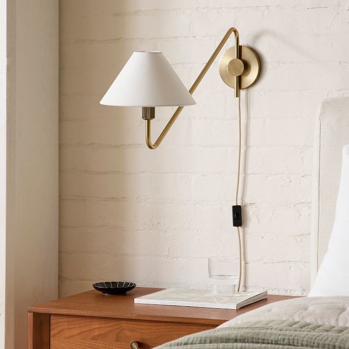 Diora Plug-In Wall Sconce - Champagne Bronze Adjustable Arm Lamp with Linen Shade
