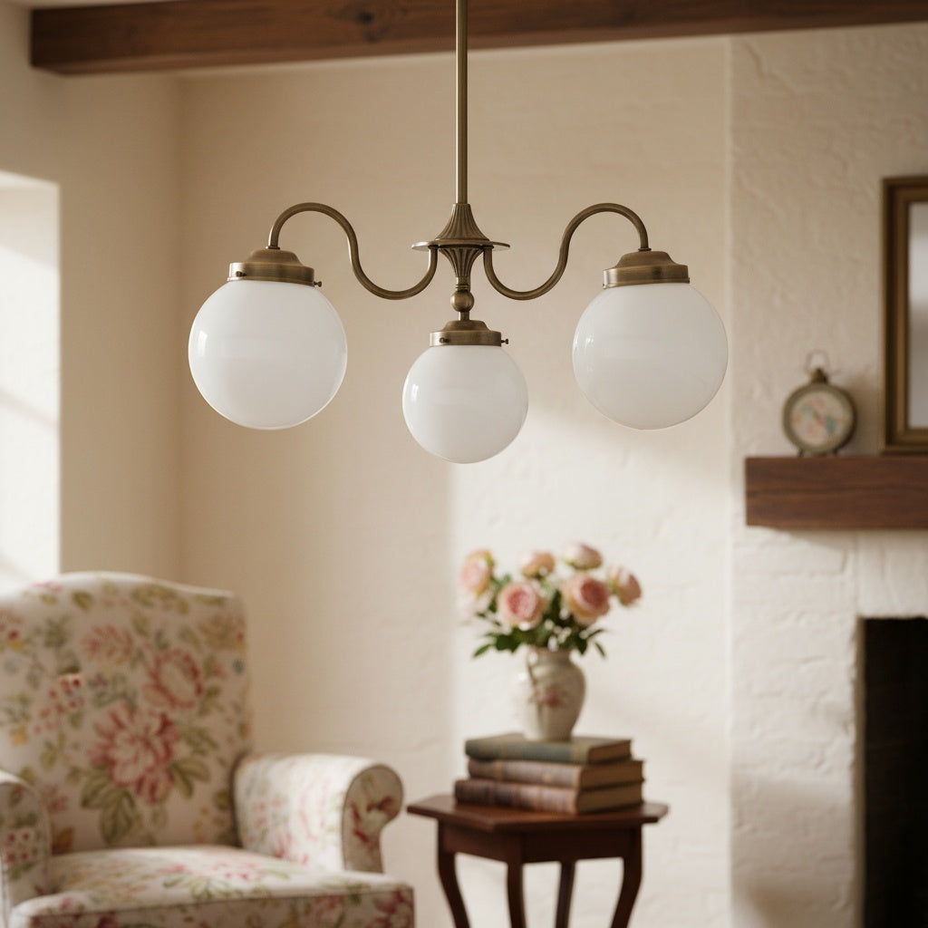 Glorica Glass Vintage Globe Kronleuchter – Messing 3-flammige Hängeleuchte aus Milchglas