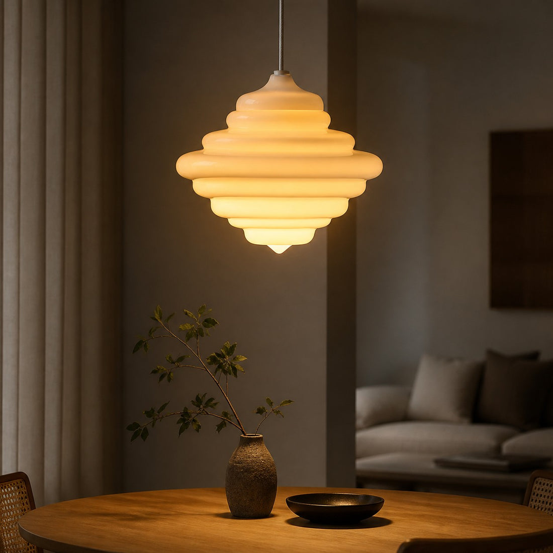 White glass pendant light over table in warm room
