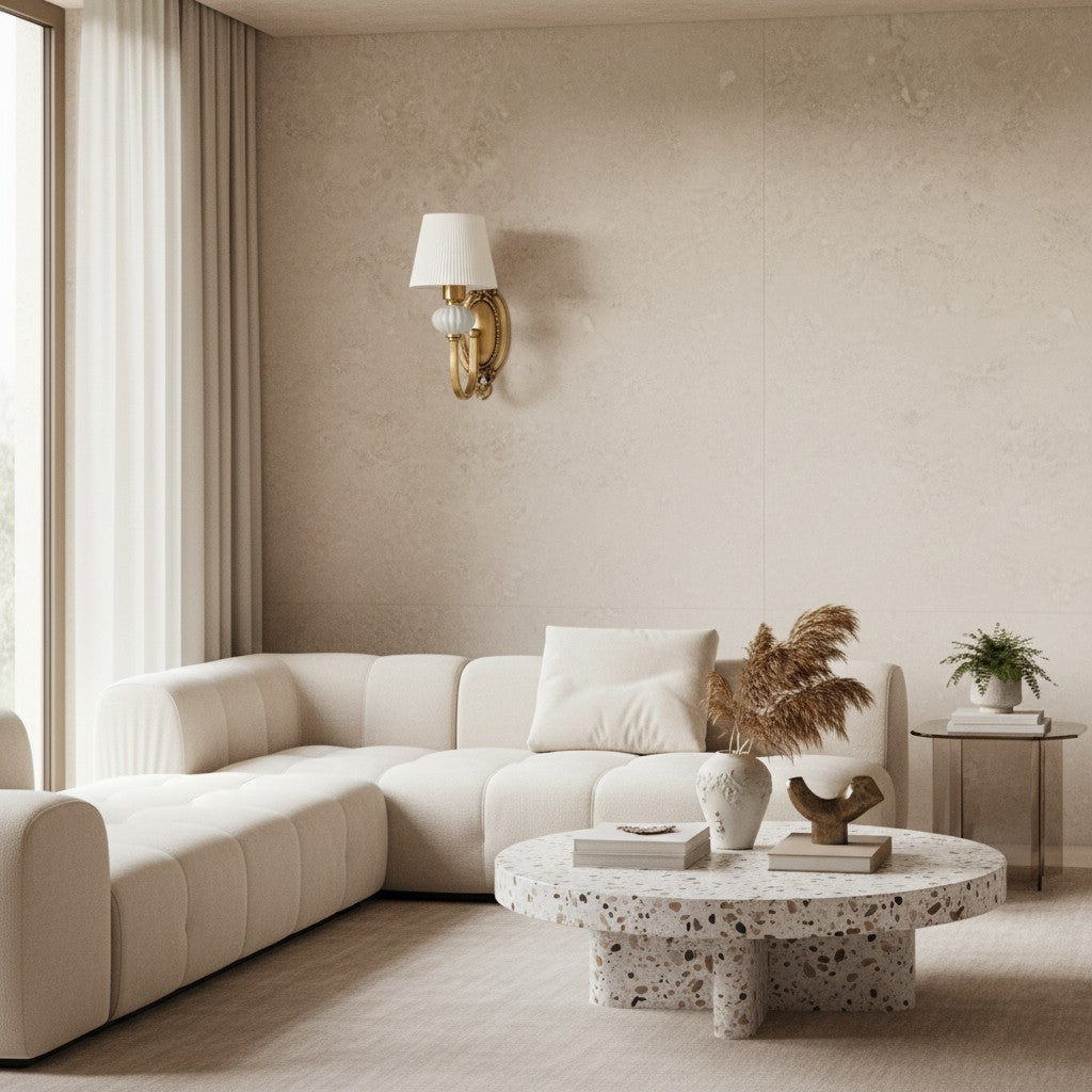 Rowanea Ceramic Wall Sconce with Fabric Shade and Metal Finish - Farmhouse Modern Hallway Light