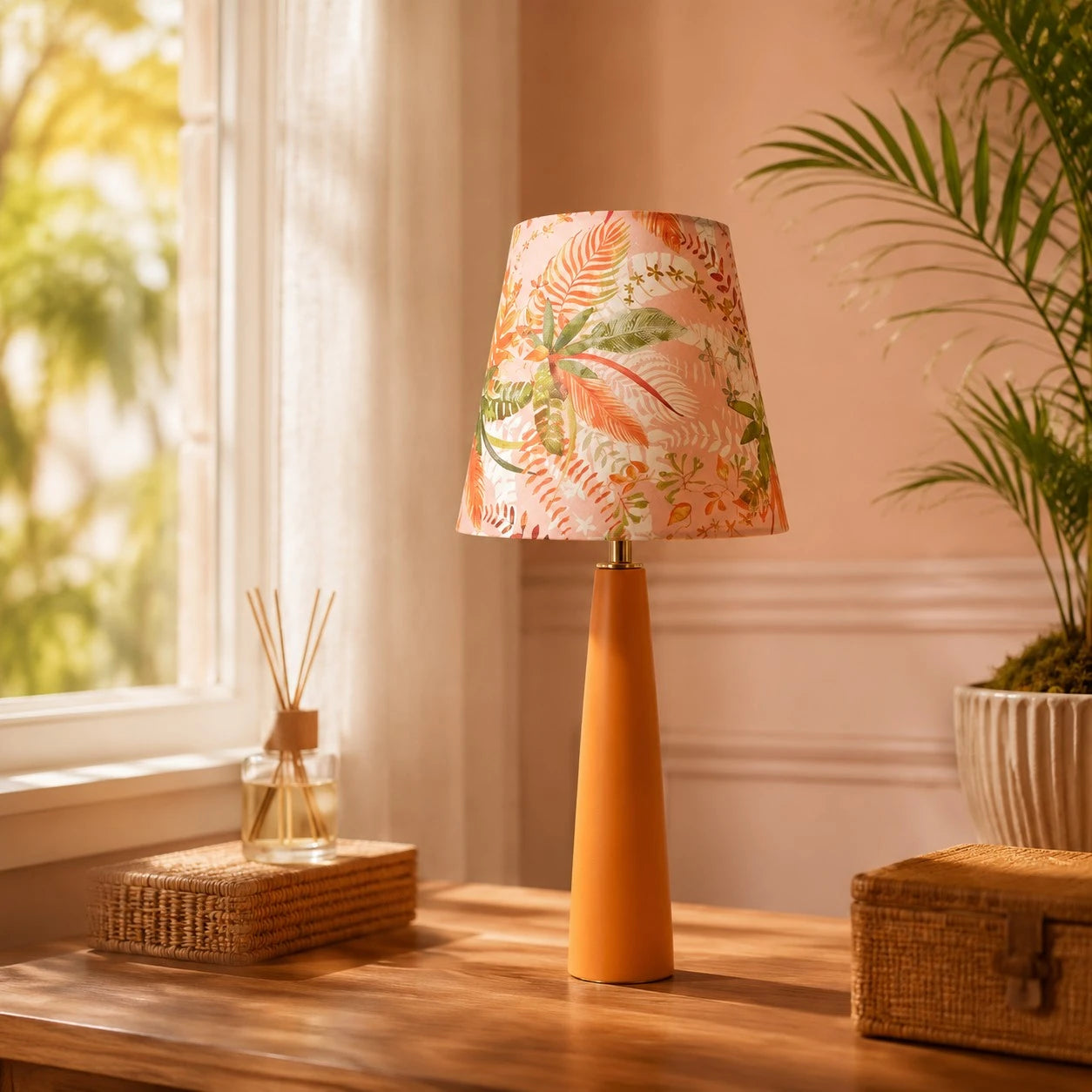 Liberty Fabric Floral Ceramic Table Lamp with Orange Handmade Base