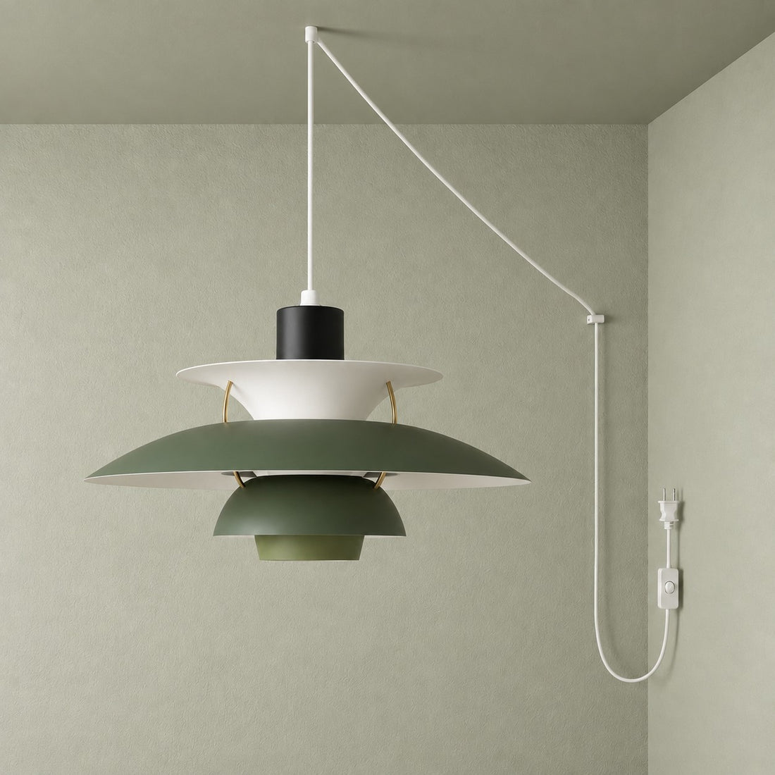Moderne mehrlagige bunte Pendelleuchte mit Stecker und Zugkabel - Hängelampe aus Metall