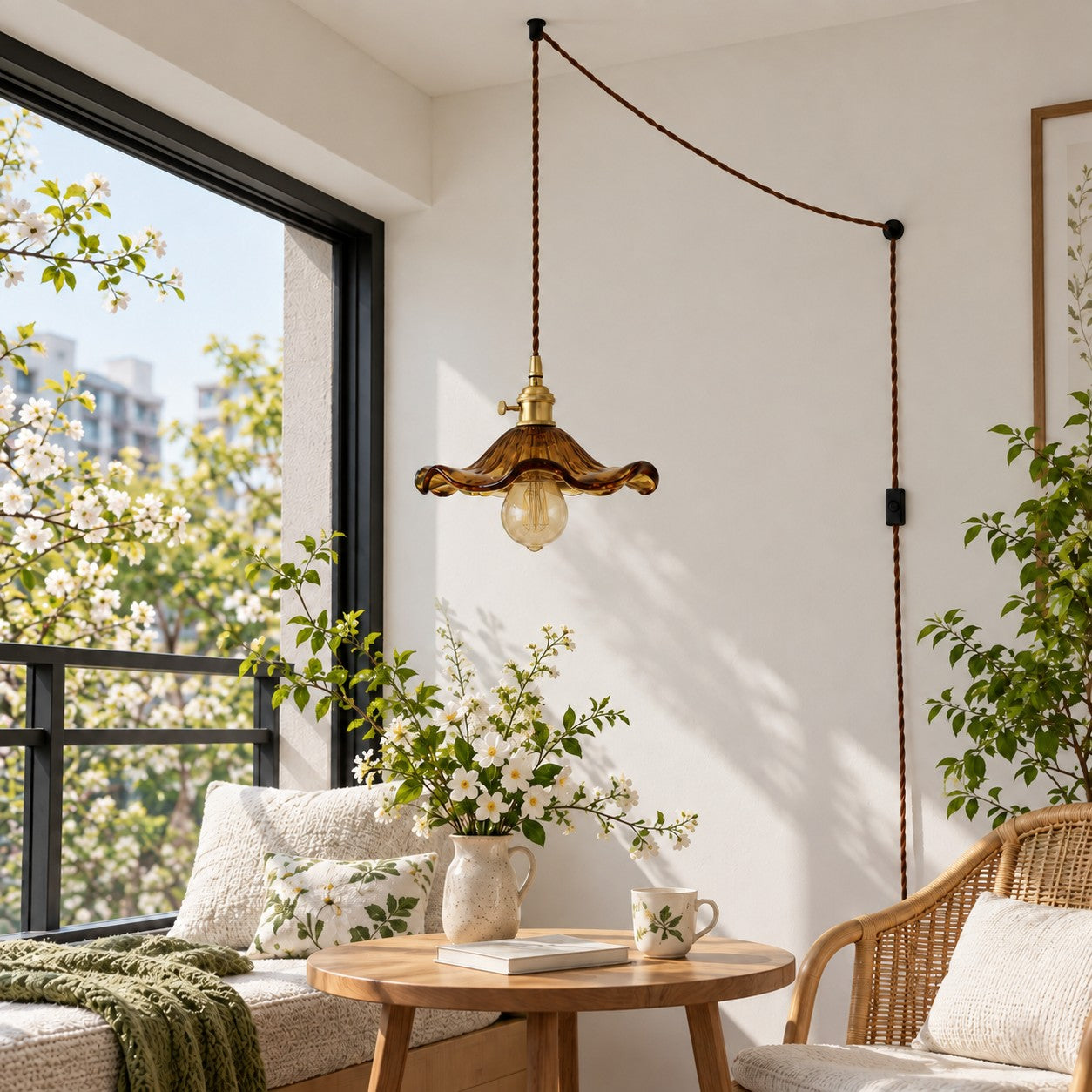 Geriffelte florale Glas-Hängeleuchte mit Kabel