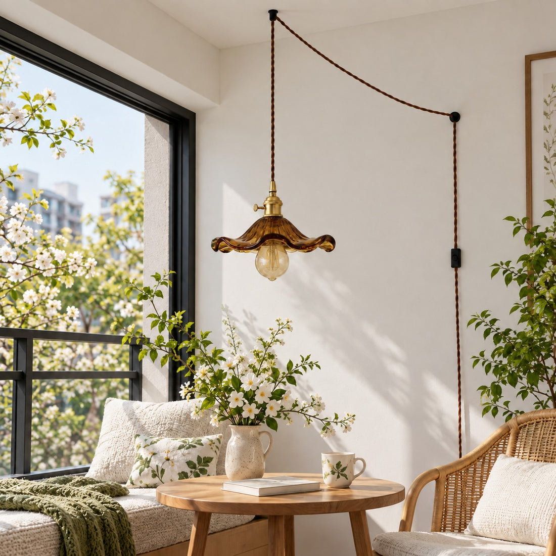 Geriffelte florale Glas-Hängeleuchte mit Kabel