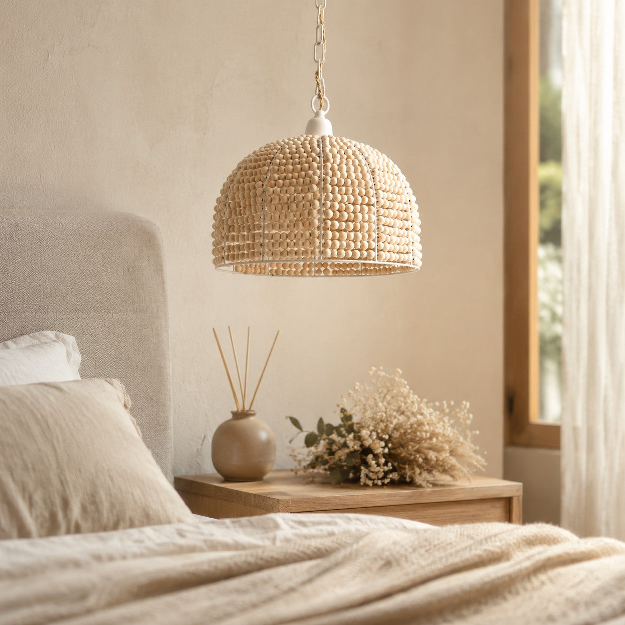 Natural Wood Bead Pendant Light with Wabi-Sabi Dome Shade