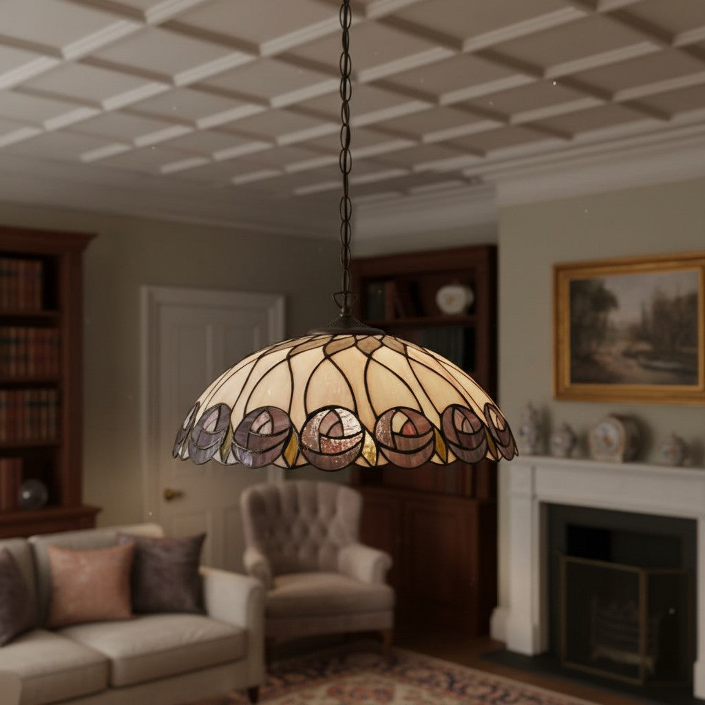 TF Hutchinson Tiffany Glass Pendant Light with Artistic Mosaic Design for Dining and Living Spaces