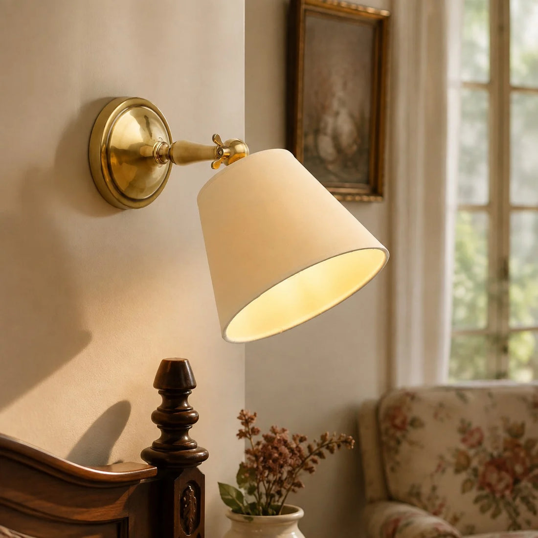 Vintage-Wandleuchte aus Messing mit Stoffschirm