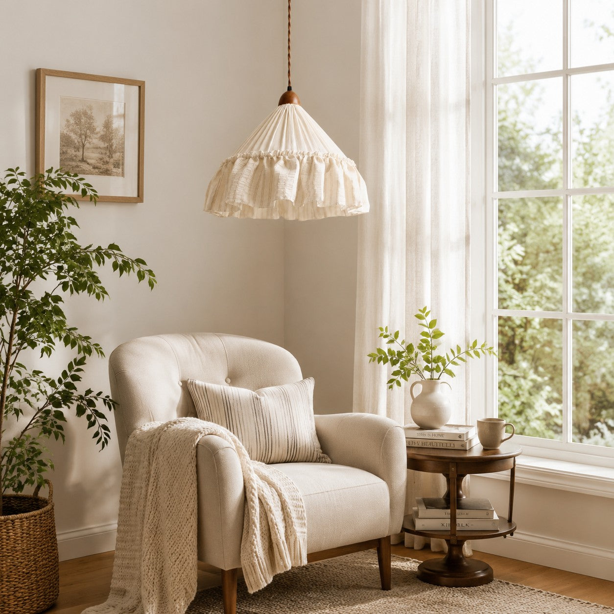 French Country Ruffled Fabric Pendant Light