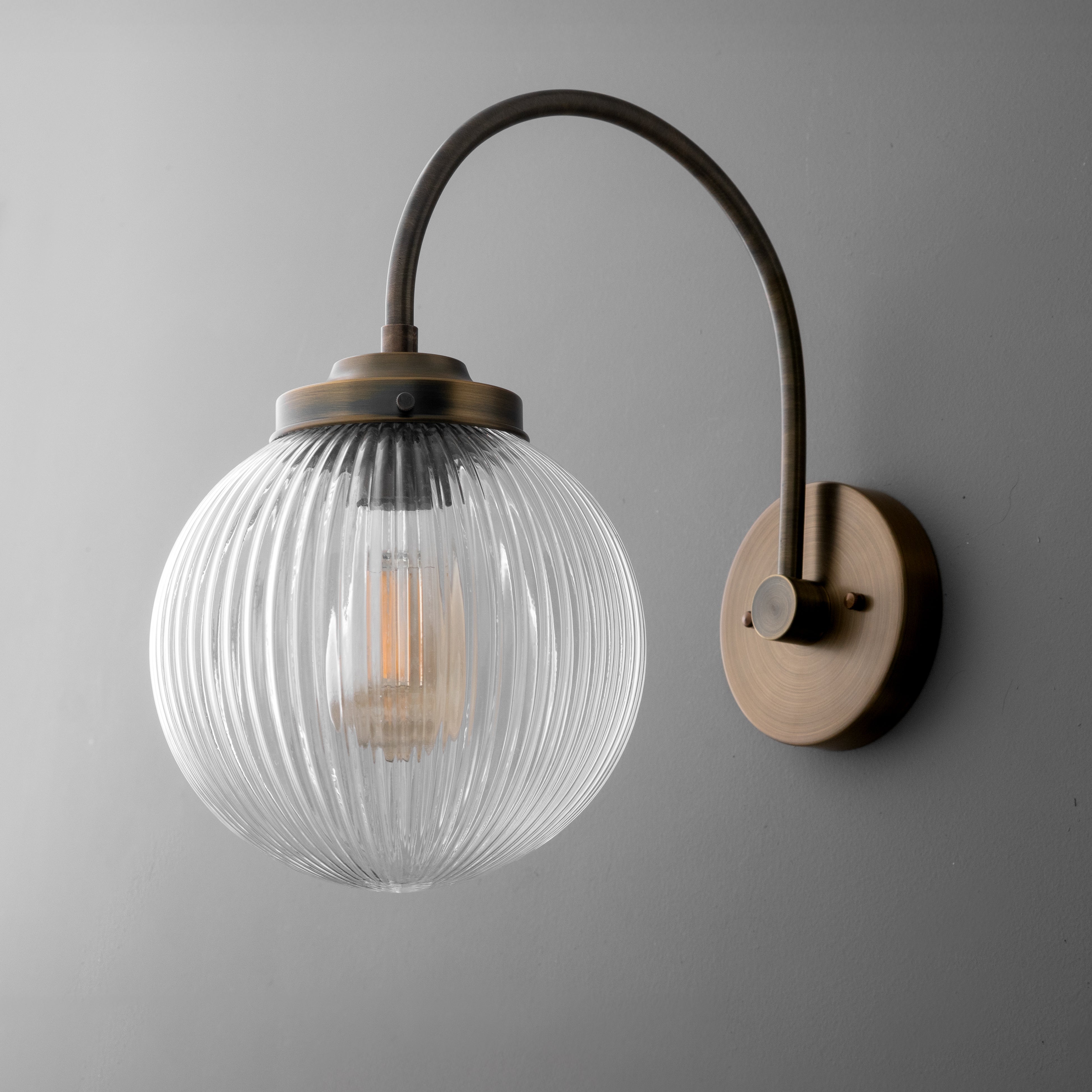 Glorica Glass Aged Brass Wall Sconce - Ribbed Glass Shade Industrial Style Lighting