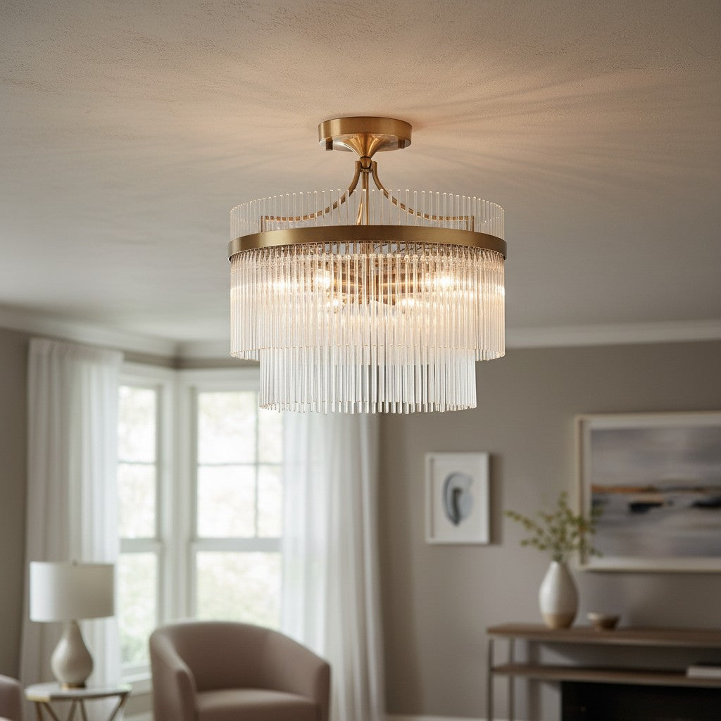 RibGlow Antique Brass 3-Light Ceiling Light with Clear Glass - Hallway or Bedroom
