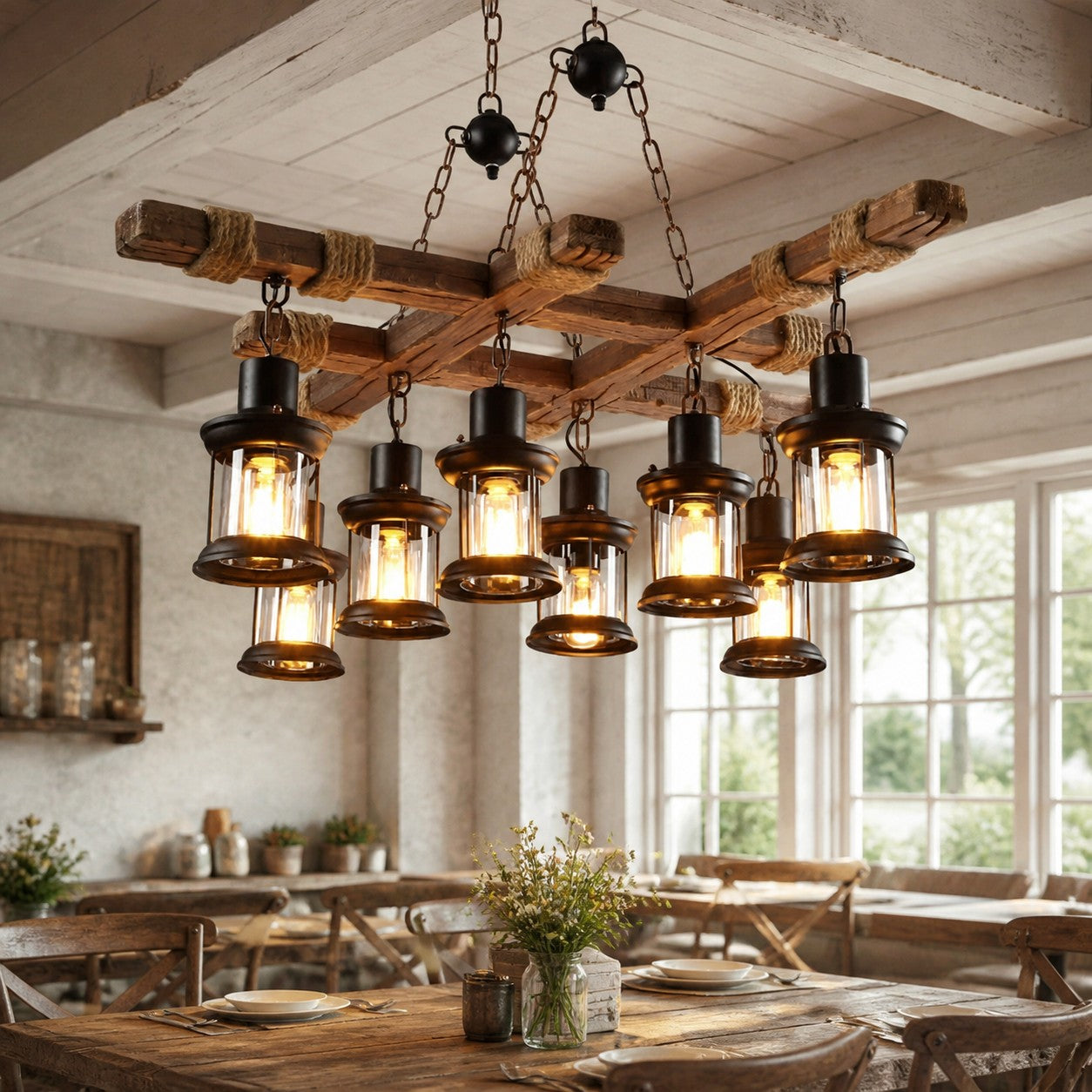 Rustic Wood Beam and Rope 8-Light Chandelier detail image 2