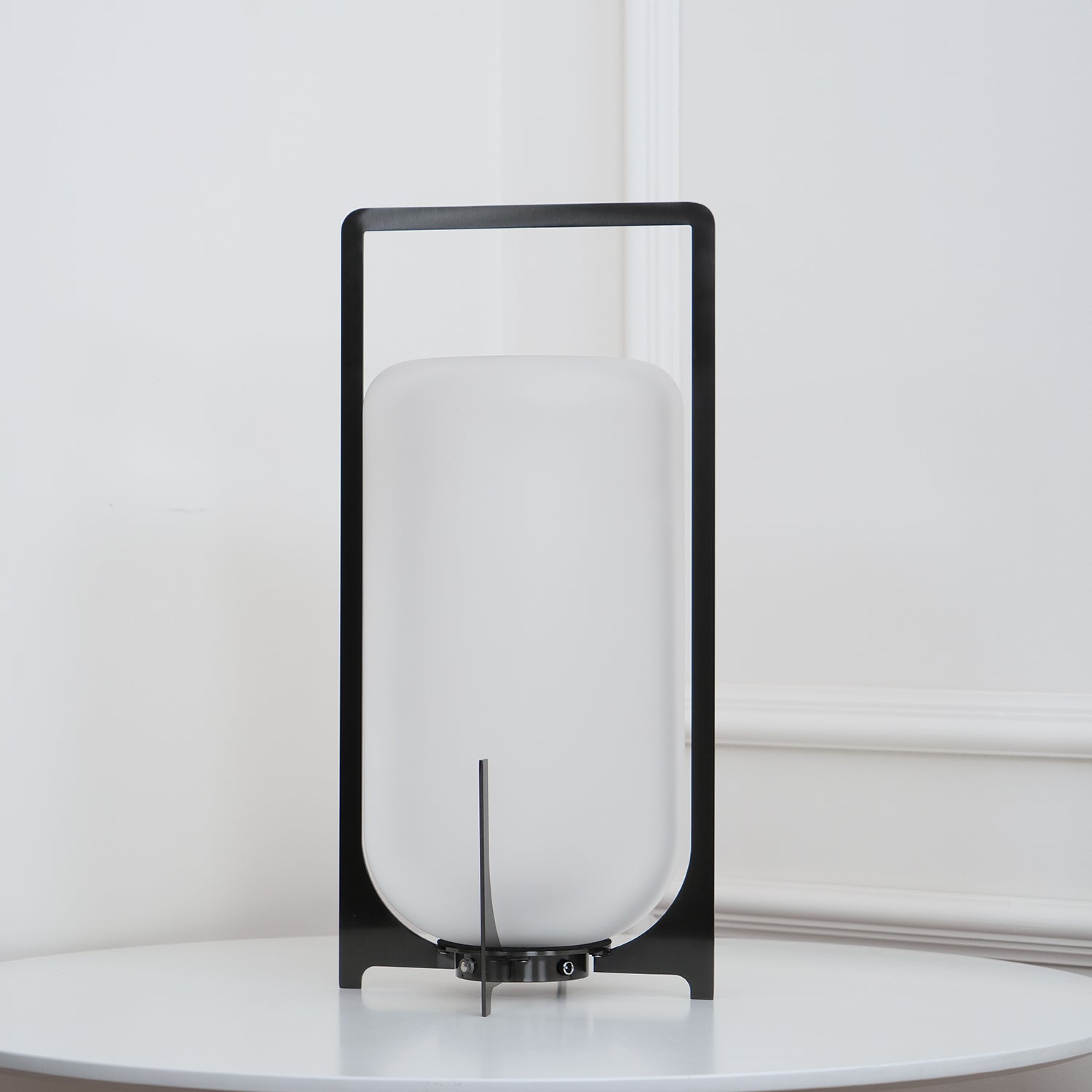 Black Lantern Table Lamp - Outdoor LED Light with Blown Glass Shade