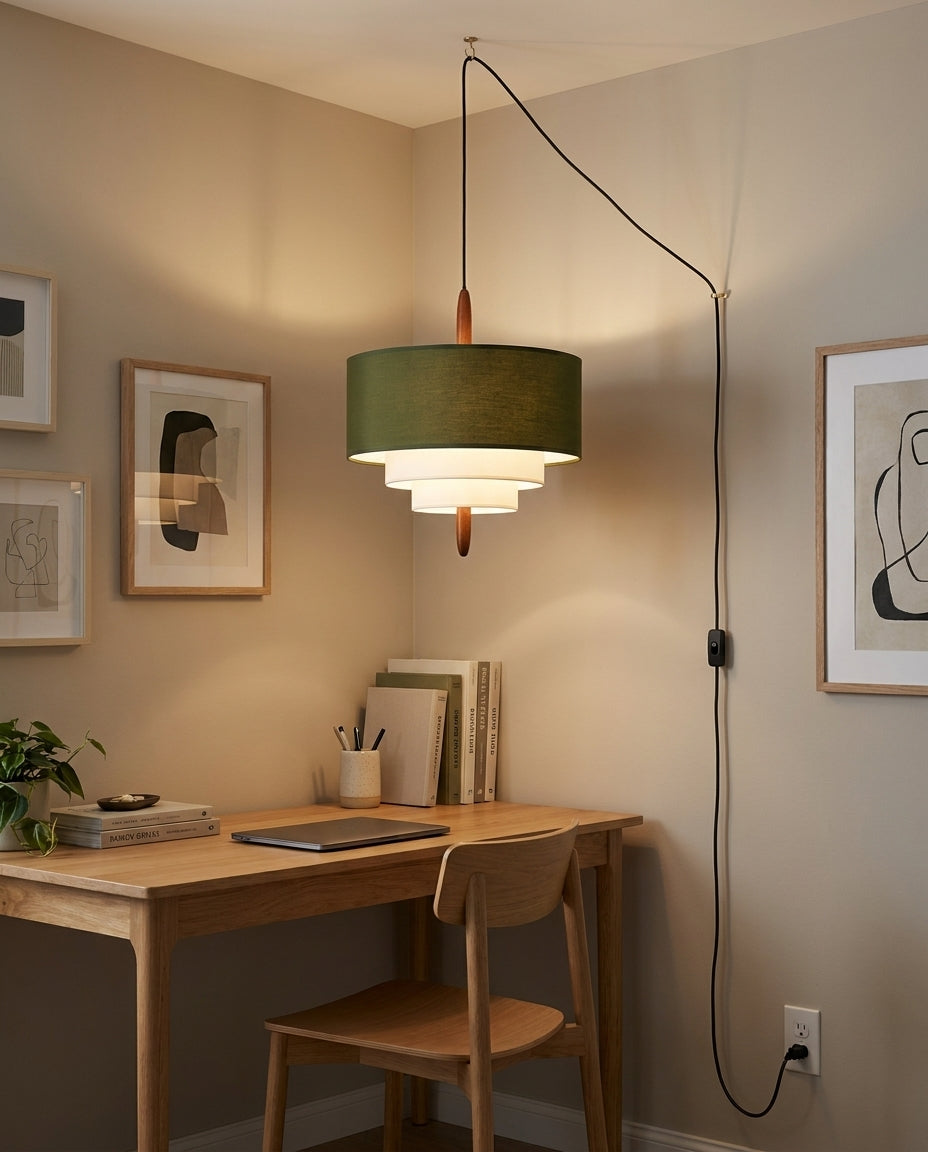 Tiered Fabric Wood Plug-In Swag Pendant