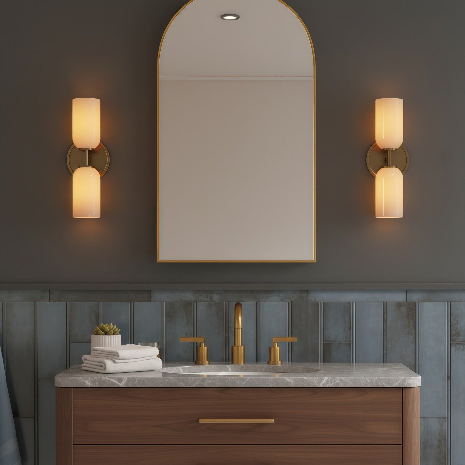 Vega Glass 2 Light Wall Sconce with Champagne Glass Shades - Modern Metal Frame Wall Light for Bathroom & Hallway