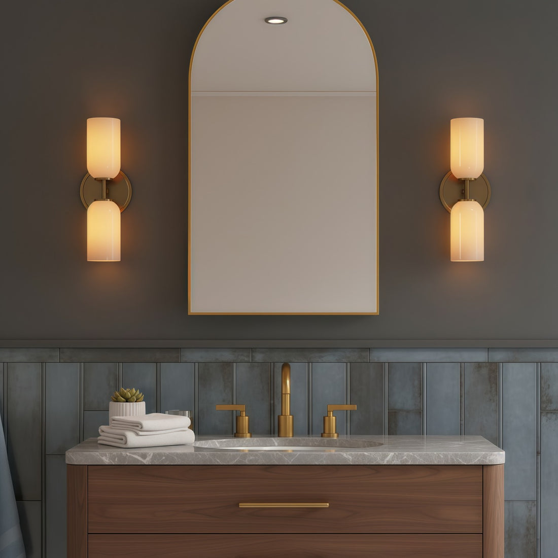 Vega Glass 2 Light Wall Sconce with Champagne Glass Shades - Modern Metal Frame Wall Light for Bathroom & Hallway